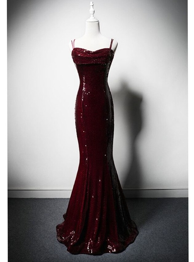 digital design vibes • Burgundy Mermaid Sequin Gown with Spaghetti Straps and Ne 775