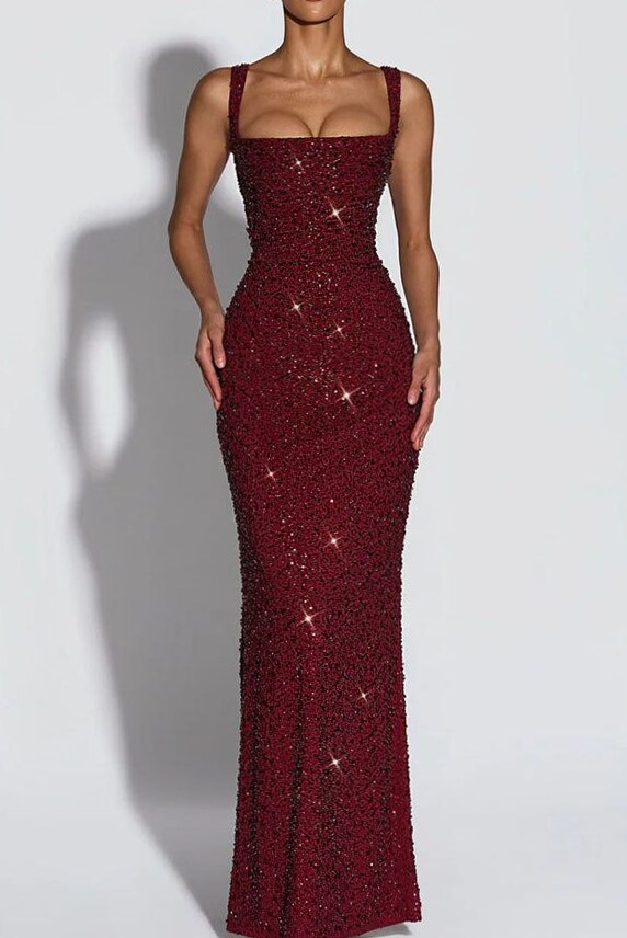 digital design vibes • Neon Ruched Maxi Dress with Sparkling Sequin Accents and  749