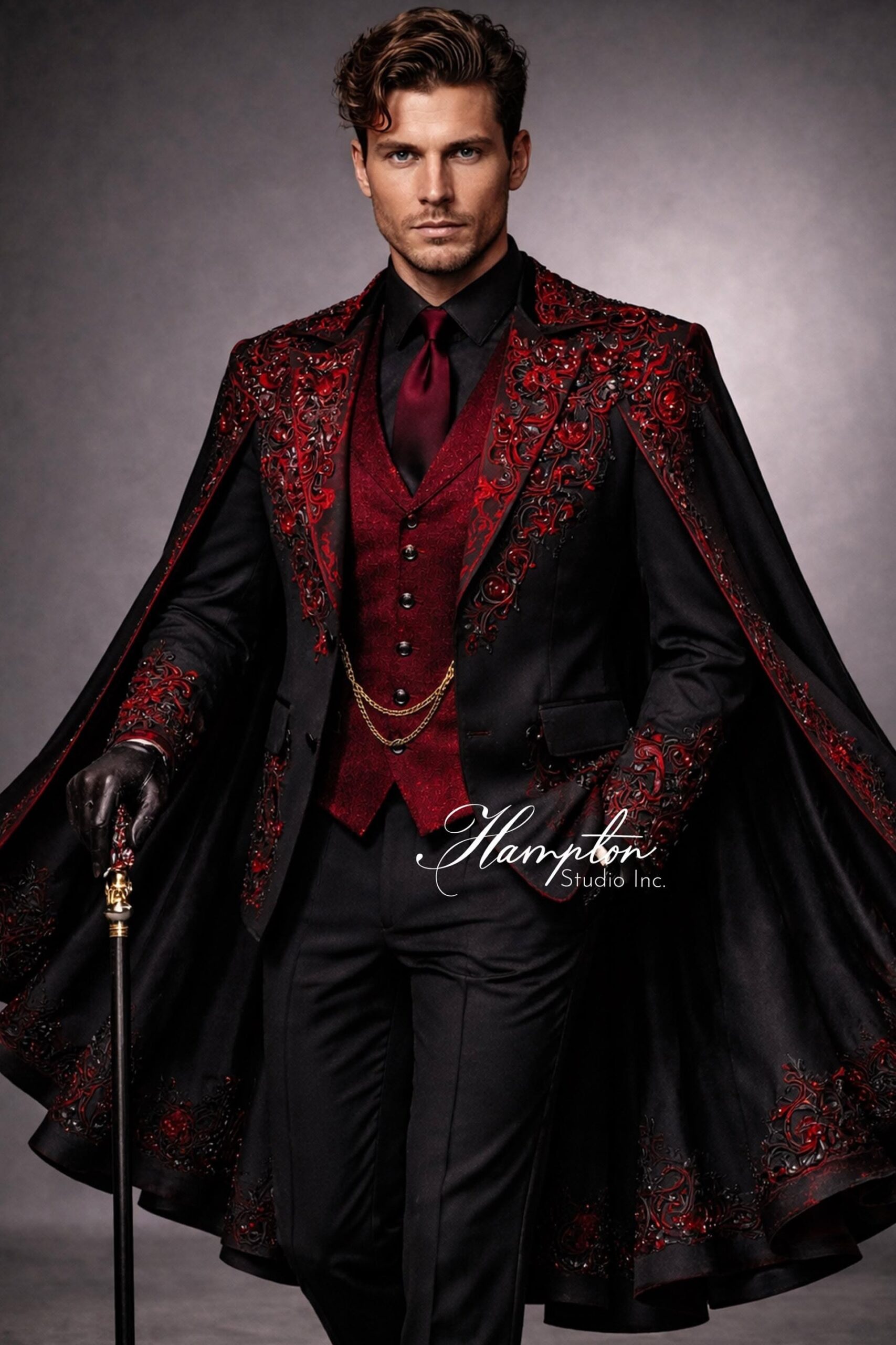 🌴 🛳️ 🏙️ Gothic Groom Suit with Cape, Neon Embroidered Tuxedo, Royal Prom Ensembl 801