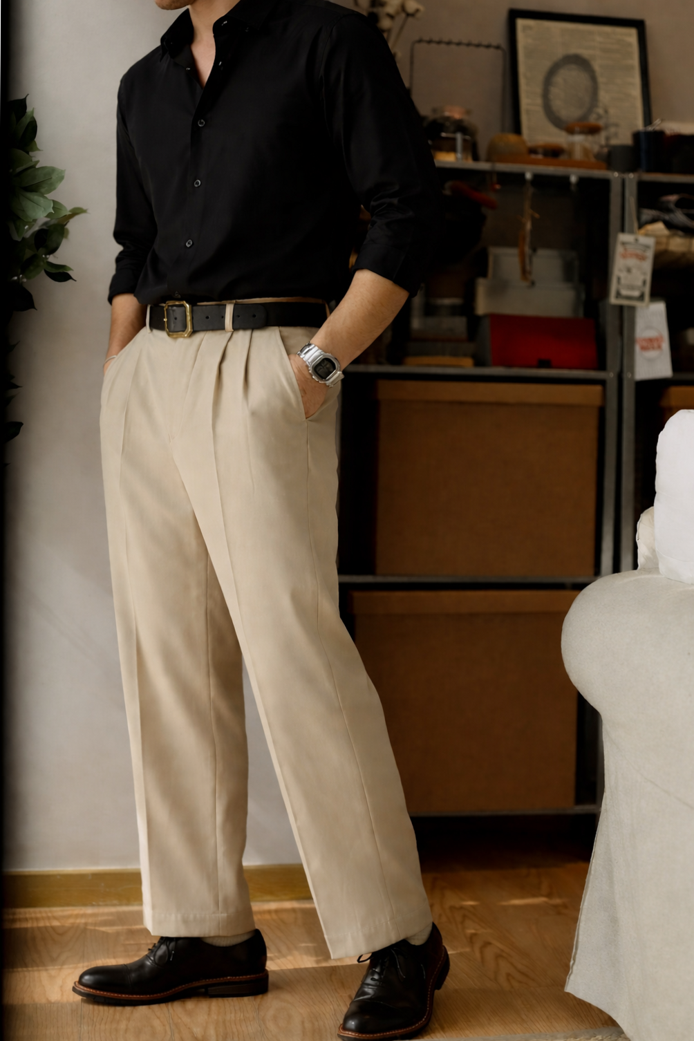 ✨ Neon-Edge Minimalism: Black Shirt & Beige Trousers for a Vintage Glam Night |  295
