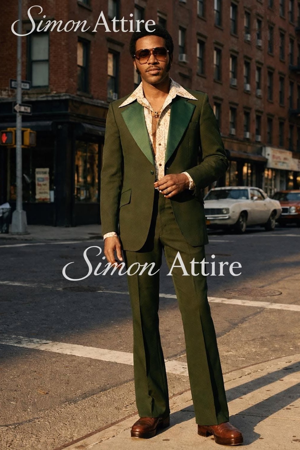 ⊹ Neon-Infused 70s Disco Elegance: Dark Green Flare Suit ⊹ 🌲 🌲 454