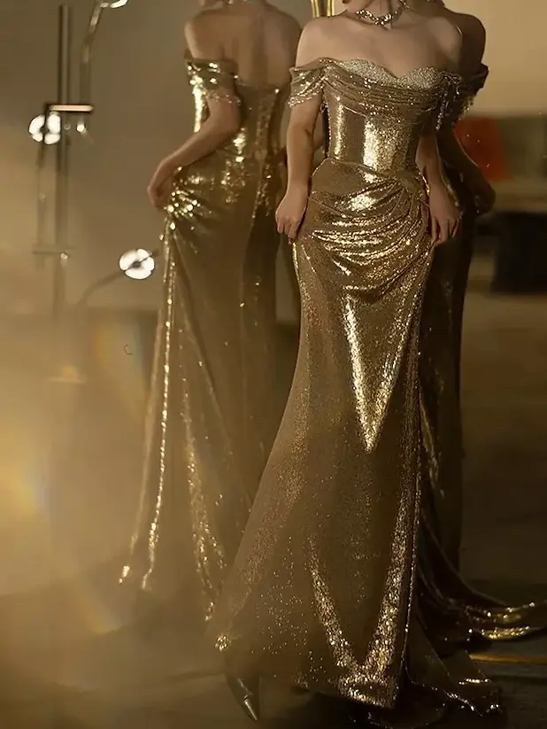 ✨ Neon Mermaid Ball Gown Sequined Black Formal Glittering Vintage Strapless Prom 723