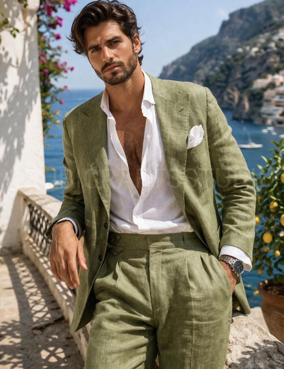 Olive Green Linen Suit Formalwear Neon Glow Vintage Designer Suits — creative pr 770