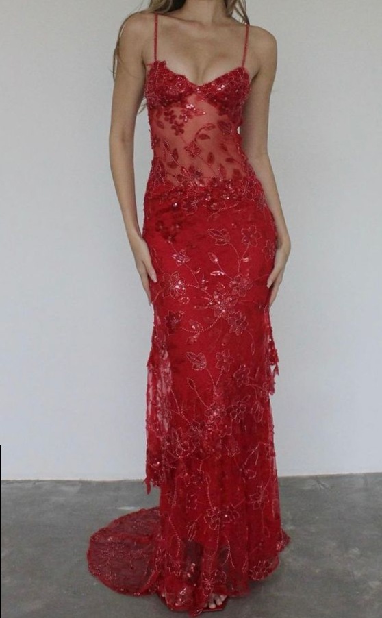 ✨ Red Lace Birthday Gowns with Spaghetti Straps | Custom Neon Tones | Vintage Pr 438