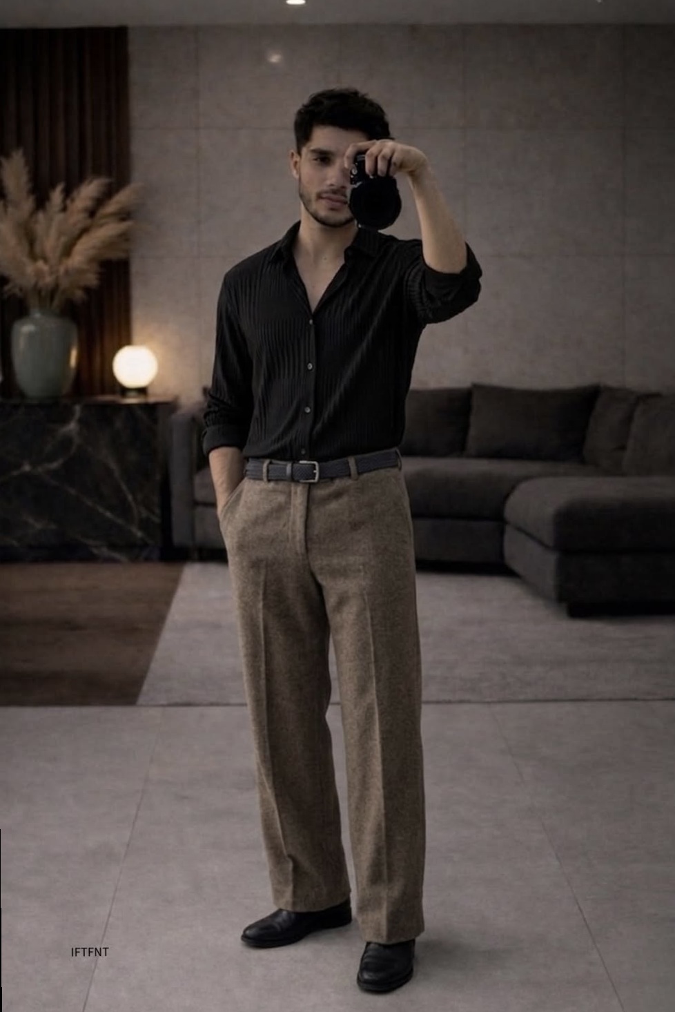 Urban Elegance: Midnight Shirt Meets Golden Hour Pants — 🥂 👑 387