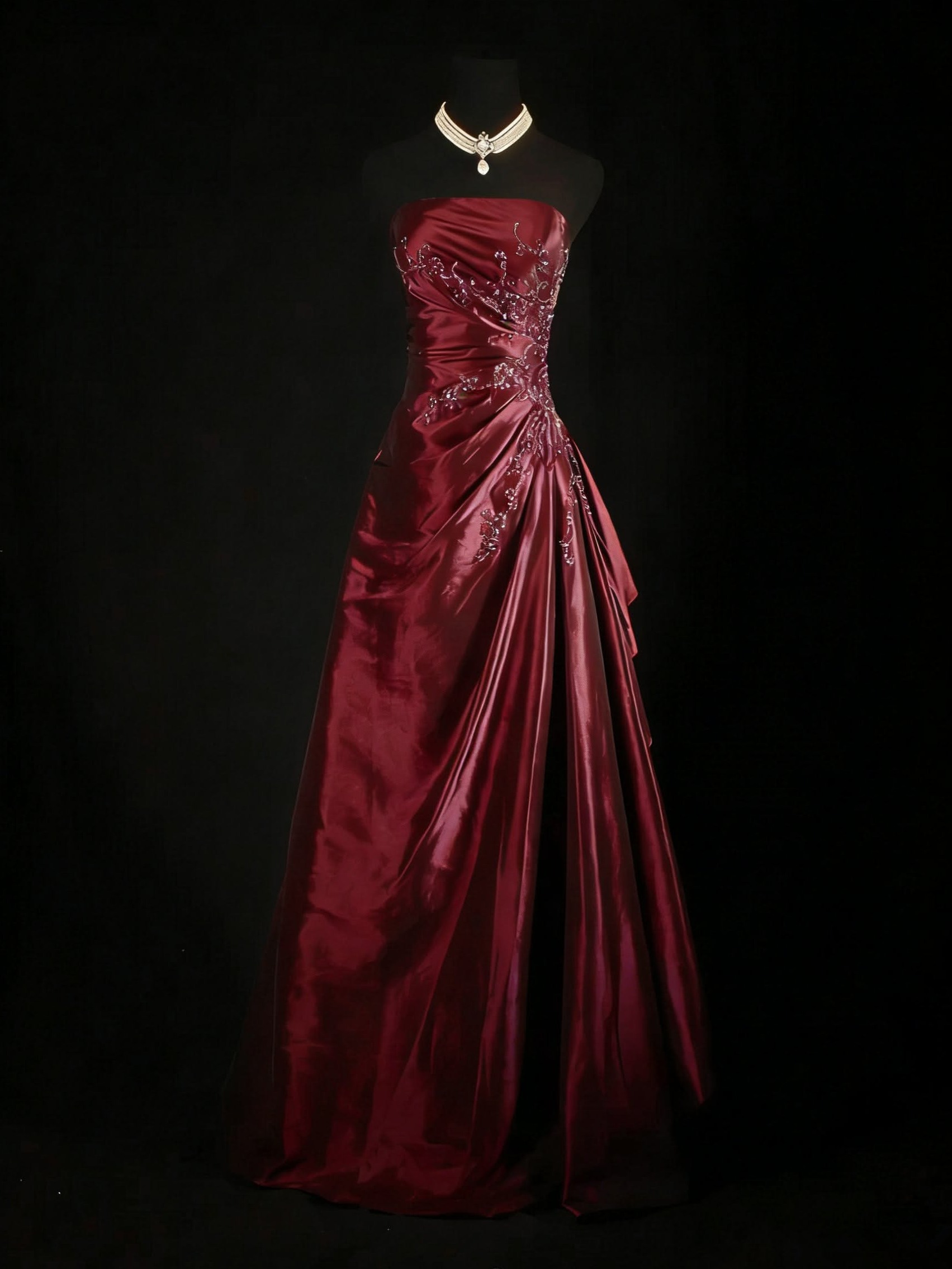 👗 ✦ Wine Red Taffeta Beaded Prom Gown with Lustrous Shine and Timeless Elegance 981