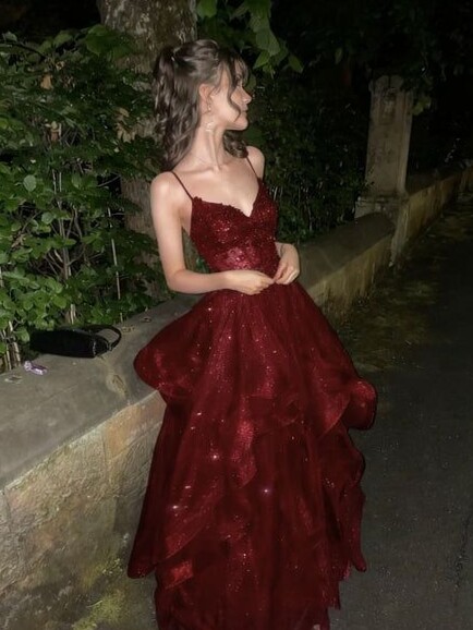Wine Velvet Tulle Glam With Vintage Lace V-Neck Prom Gown | 🏖️ aesthetic mood bo 593